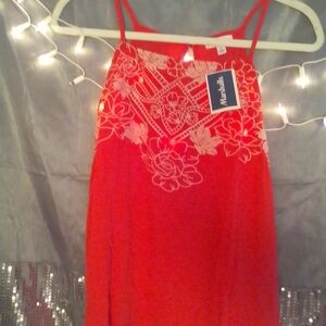 Bright Melon Colored Top w/ Intricate White Flowered Embroidery